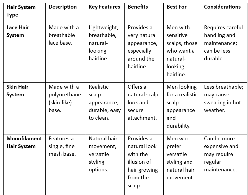 Hair System table1